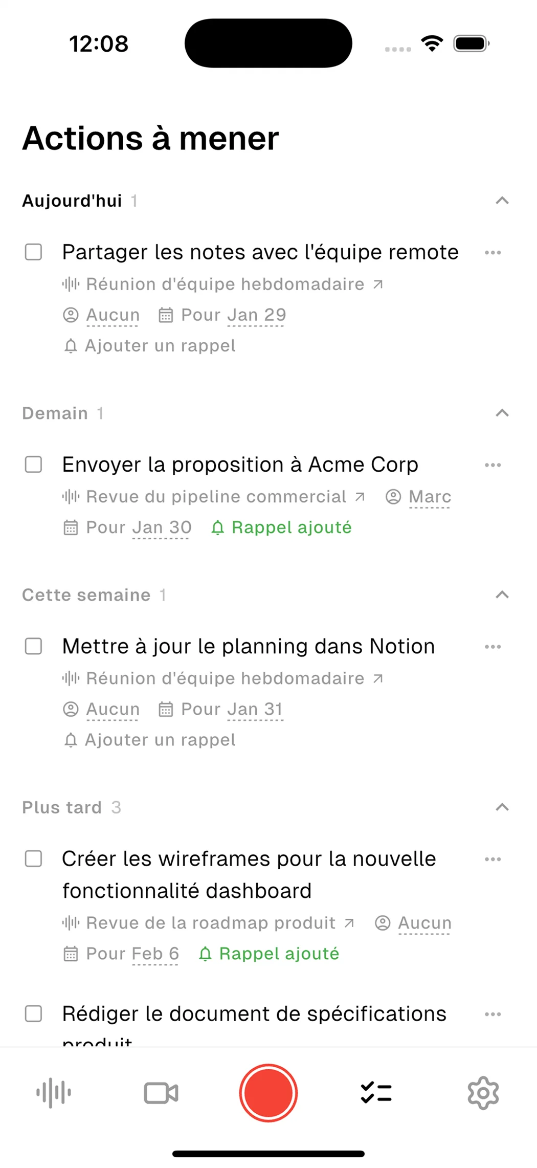 Liste des actions extraites par Cosmonote